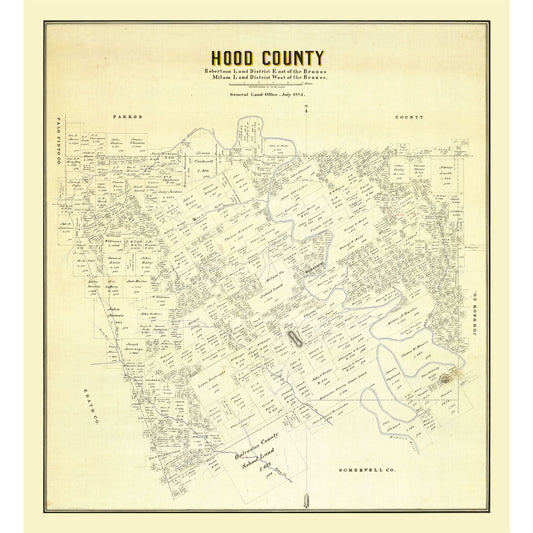 Historic County Map - Hood County Texas - General Land Office 1884 - 23 x 25.20 - Vintage Wall Art