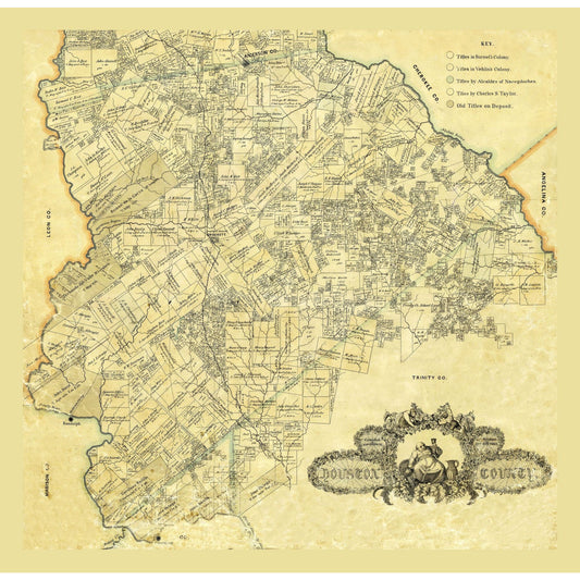 Historic County Map - Houston County Texas - General Land Office 1868 - 23.60 x 23 - Vintage Wall Art