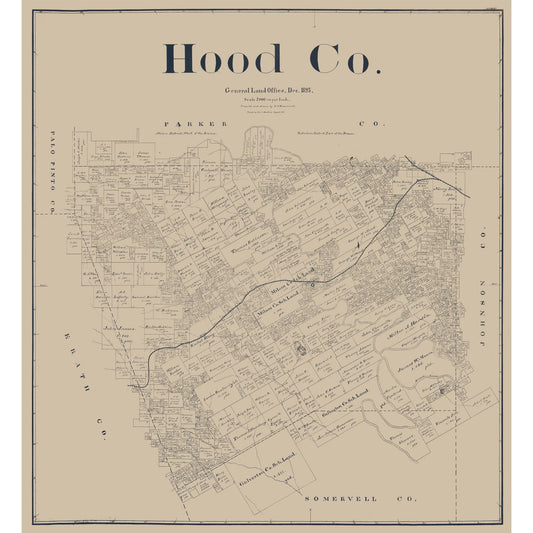 Historic County Map - Hood County Texas - Beaumont 1893 - Vintage Wall Art
