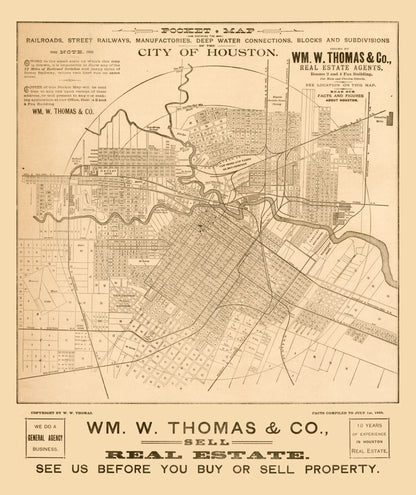 Historic City Map - Houston Texas - Thomas 1890 - 23 x 27.35 - Vintage Wall Art