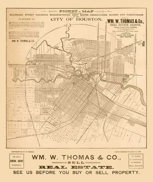 Historic City Map - Houston Texas - Thomas 1890 - 23 x 27.35 - Vintage Wall Art