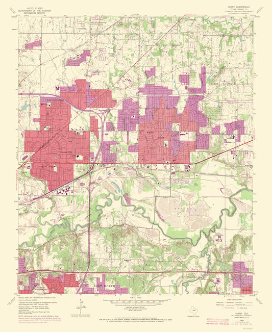 Topographical Map - Hurst Texas Quad - USGS 1969 - 23 x 28.09 - Vintage Wall Art