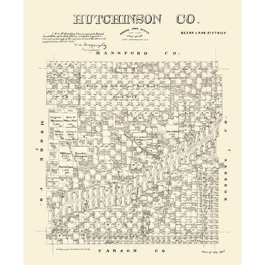 Historic County Map - Hutchinson County Texas - McGaughey 1891 - 23 x 27.95 - Vintage Wall Art