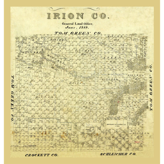 Historic County Map - Irion County Texas - General Land Office 1889 - 23 x 24.15 - Vintage Wall Art