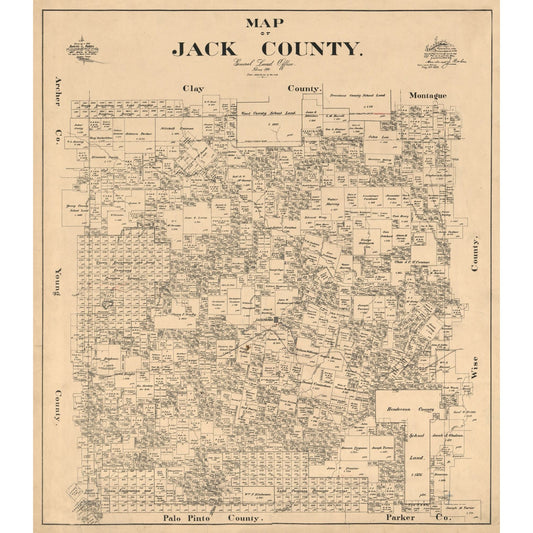 Historic County Map - Jack County Texas - Baker 1896 - Vintage Wall Art