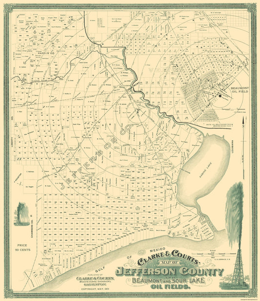 Historic County Map - Jefferson County Texas - Clarke 1901 - 23 x 26.56 - Vintage Wall Art