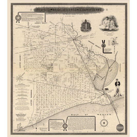 Historic County Map - Jefferson County Texas - Higgins 1898 - Vintage Wall Art