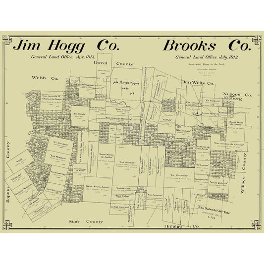 Historic County Map - Jim Hogg Brooks Counties Texas - McDonald 1912 - Vintage Wall Art