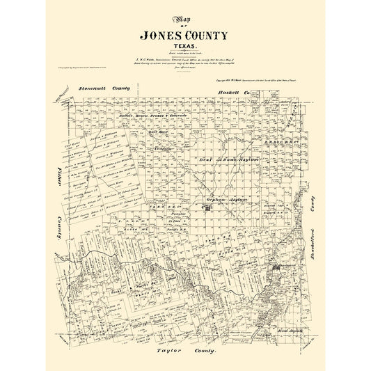 Historic County Map - Jones County Texas - Walsh 1879 - Vintage Wall Art