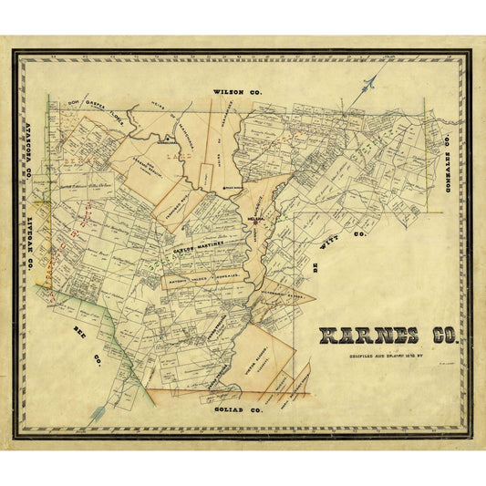 Historic County Map - Karnes County Texas - Arlitt 1870 - Vintage Wall Art