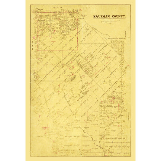 Historic County Map- Kaufman County Texas - General Land Office 1871 - Vintage Wall Art