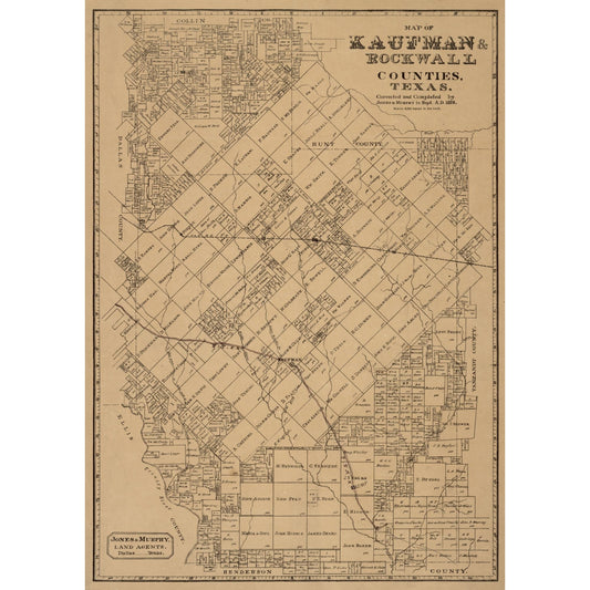 Historic County Map - Kaufman County Texas - Jones 1878 - Vintage Wall Art