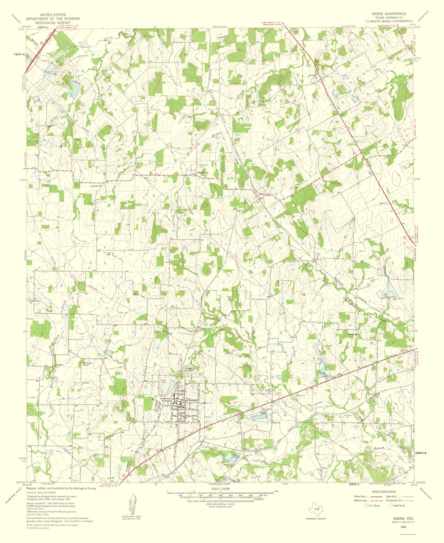 Topographical Map - Keene Texas Quad - USGS 1963 - 23 x 28.11 - Vintage Wall Art