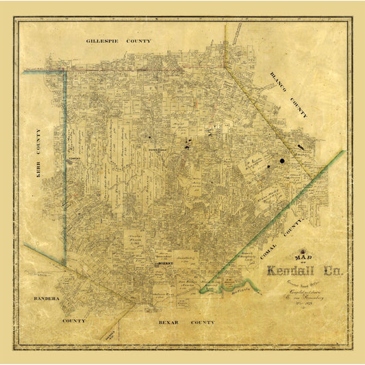 Historic County Map - Kendall County Texas - Rosenberg 1879 - Vintage Wall Art