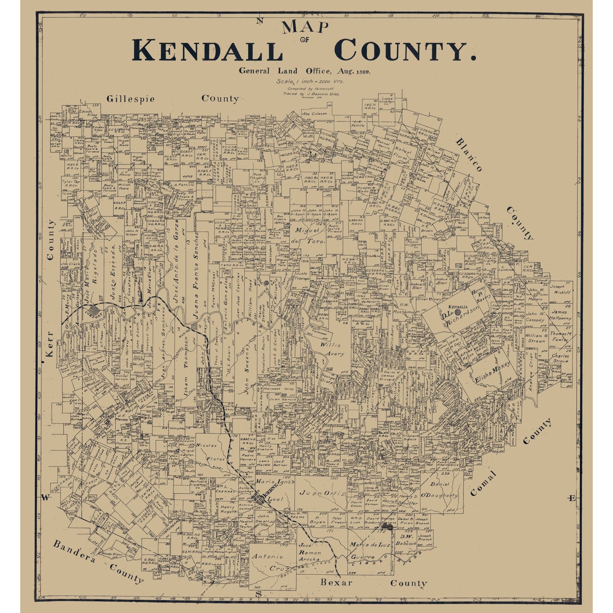 Historic County Map - Kendall County Texas - Giles 1899 - 23 x 24.63 ...