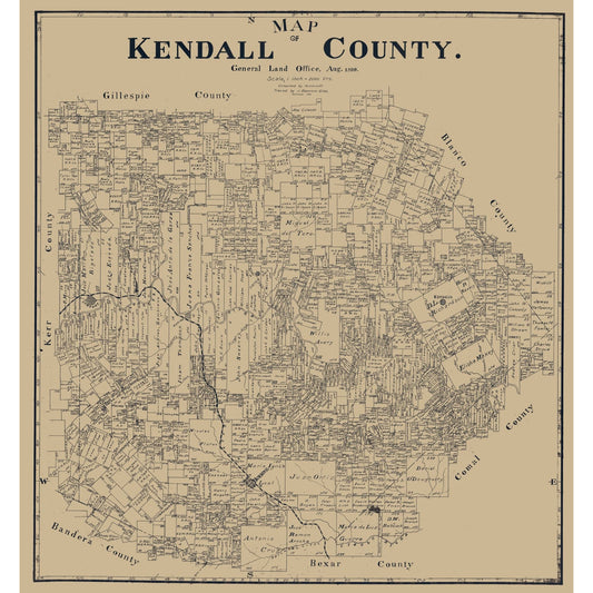 Historic County Map - Kendall County Texas - Giles 1899 - Vintage Wall Art