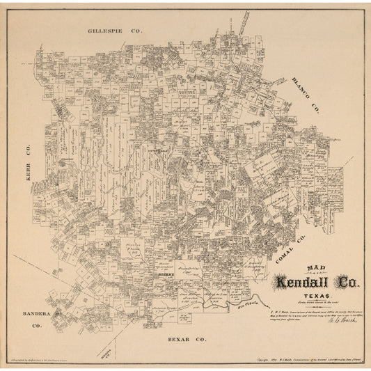 Historic County Map - Kendall County Texas - Walsh 1879 - Vintage Wall Art