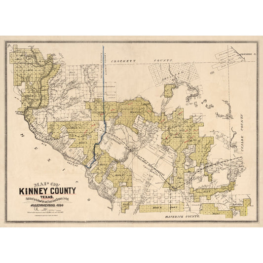 Historic County Map - Kinney County Texas - Gast 1884 - Vintage Wall Art