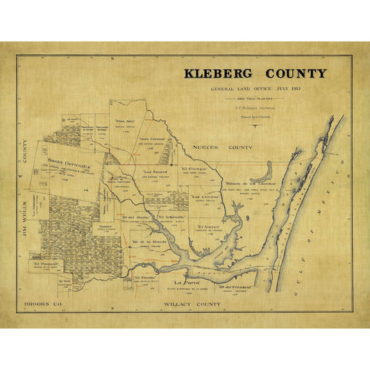 Historic County Map - Kleberg County Texas - McDonald 1913 - Vintage Wall Art
