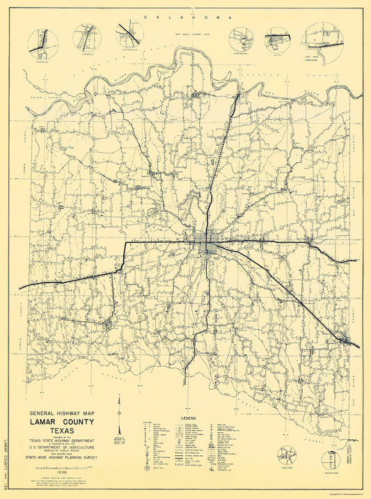 Historic County Map - Lamar County Texas - Highway Department 1936 - 23 x 30.96 - Vintage Wall Art