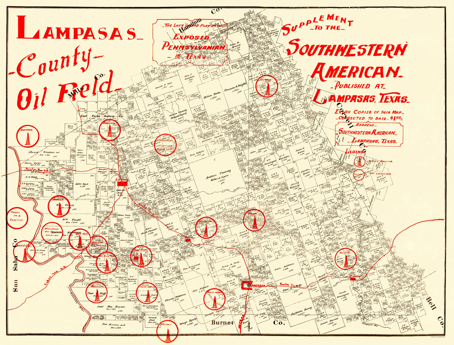 Historic Mine Map - Lampasas County Oil Field Texas - Southern American 1920 - 23 x 30 - Vintage Wall Art