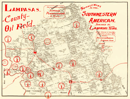 Historic Mine Map - Lampasas County Oil Field Texas - Southern American 1920 - 23 x 30 - Vintage Wall Art