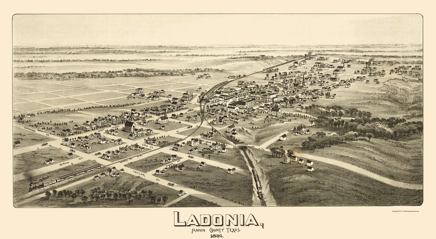 Historic Panoramic View - Ladonia Texas - Fowler 1891 - 23 x 41.84 - Vintage Wall Art