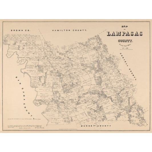 Historic County Map - Lampasas County Texas - Walsh 1879 - Vintage Wall Art