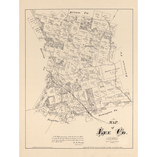 Historic County Map - Lee County Texas - Walsh 1879 - Vintage Wall Art