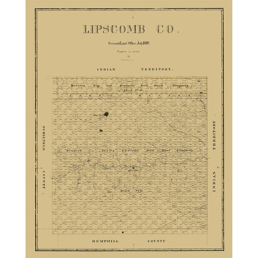 Historic County Map - Lipscomb County Texas - Beaumont 1889 - Vintage Wall Art