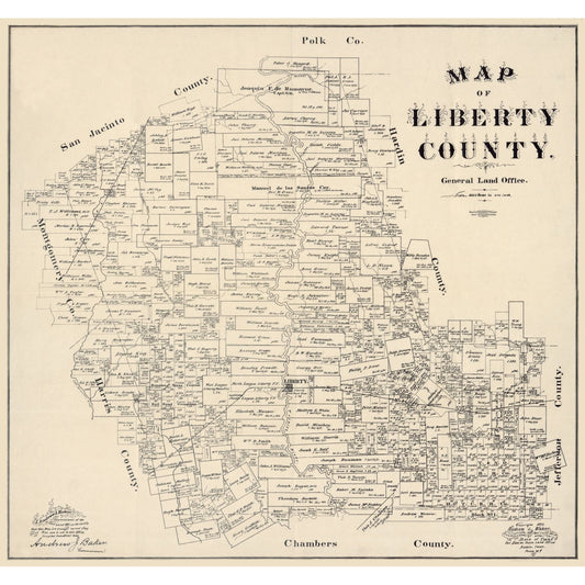 Historic County Map - Liberty County Texas - Baker 1895 - Vintage Wall Art