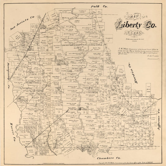 Historic County Map - Liberty County Texas - Walsh 1879 - Vintage Wall Art