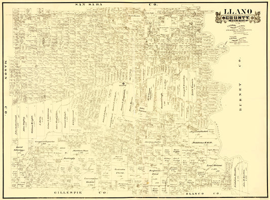 Historic County Map - Llano County Texas - Gast 1890 - 23 x 31.05 - Vintage Wall Art