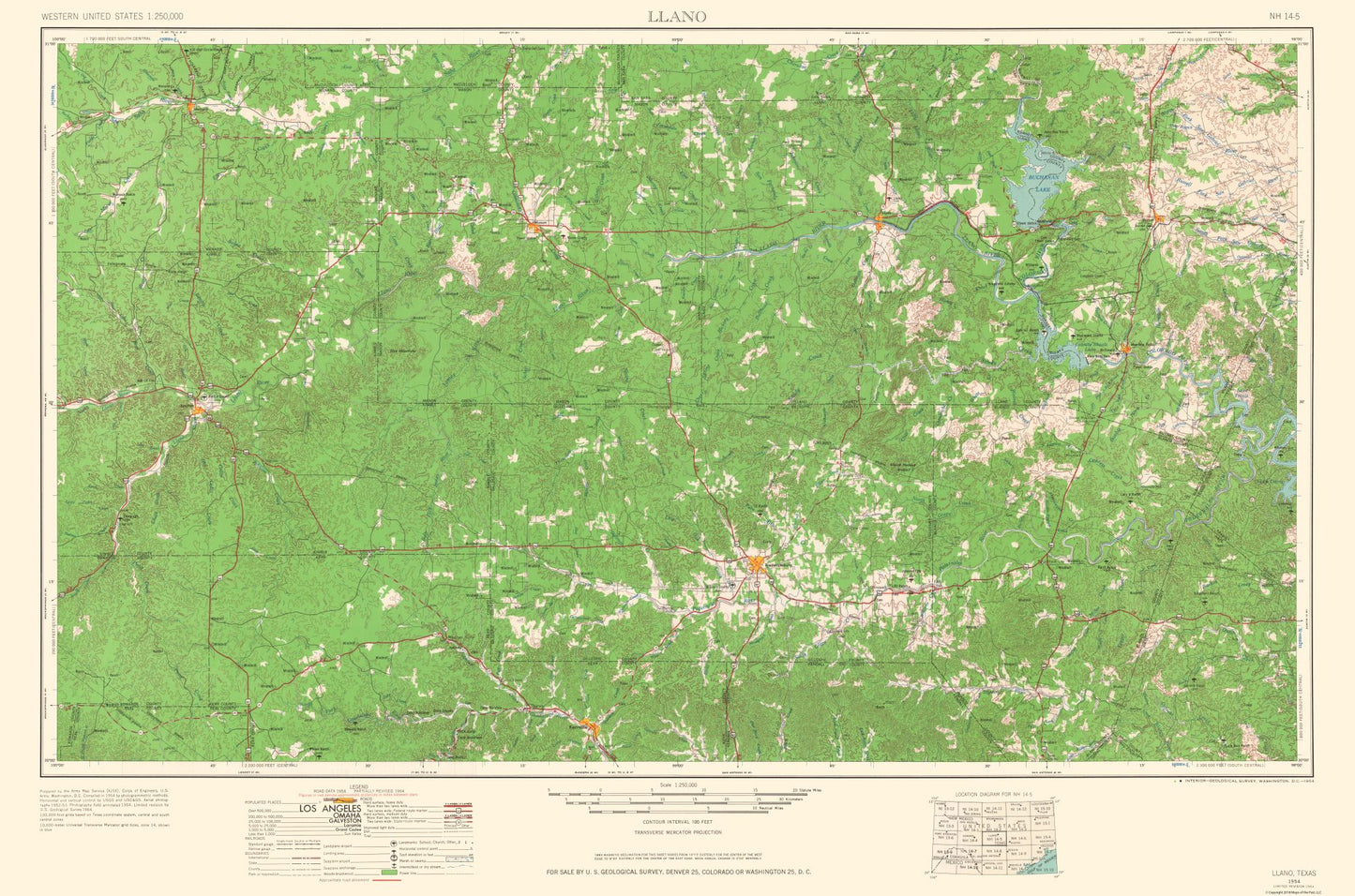 Topographical Map - Llano Texas Quad - USGS 1964 - 34.76 x 23 - Vintage Wall Art