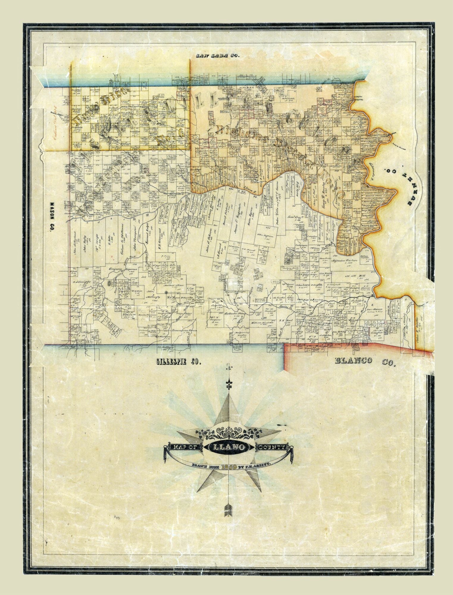 Historic County Map - Llano County Texas - Arlitt 1859 - 23 x 30.23 ...