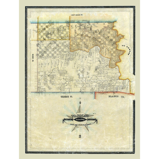 Historic County Map - Llano County Texas - Arlitt 1859 - Vintage Wall Art