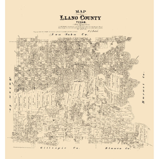 Historic County Map - Llano County Texas - Walsh 1879 - Vintage Wall Art