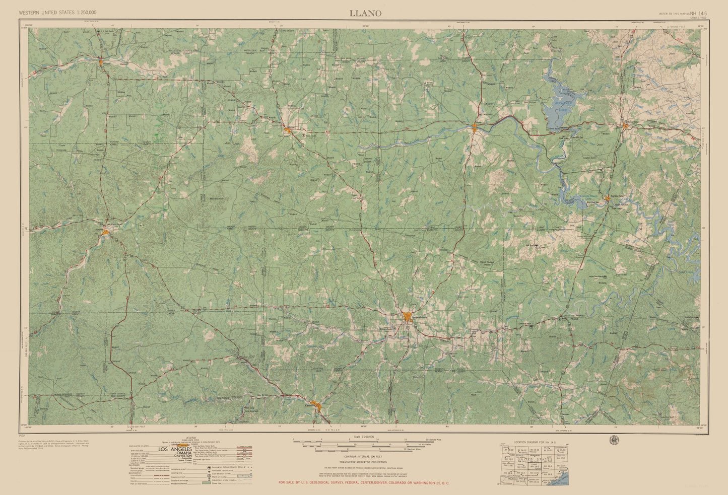 Topographical Map - Llano Texas Quad - USGS 1954 - 33.80 x 23 - Vintage Wall Art