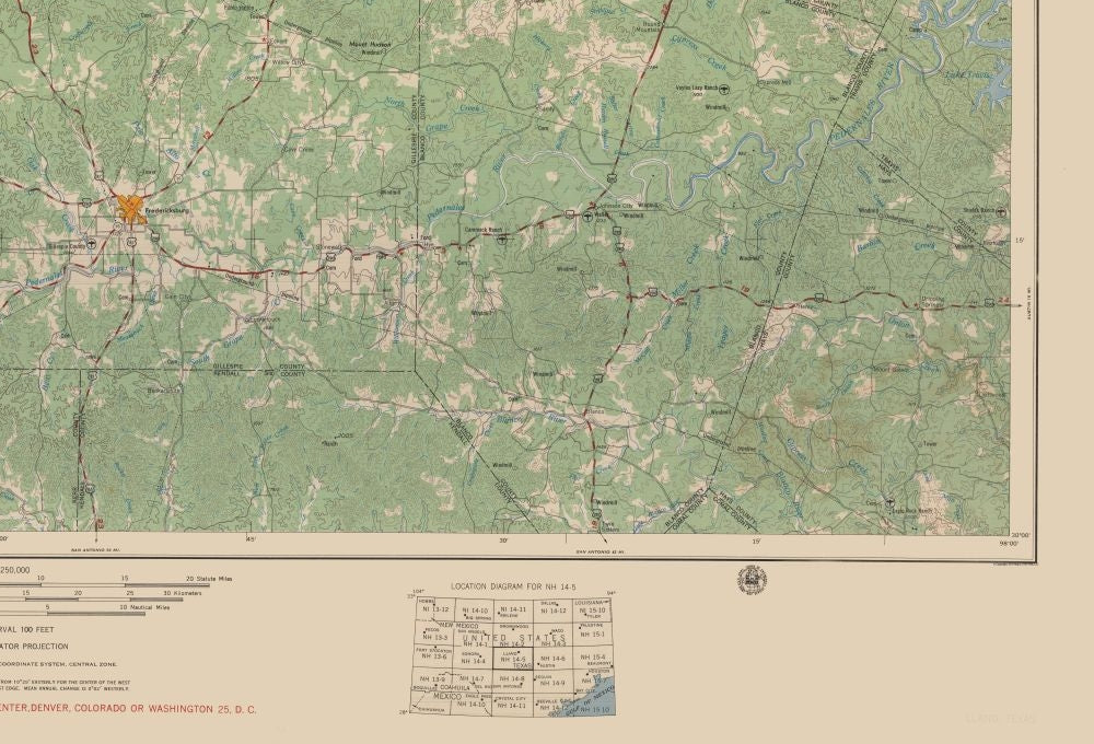 Topographical Map - Llano Texas Quad - USGS 1954 - 33.80 x 23 - Vintage Wall Art