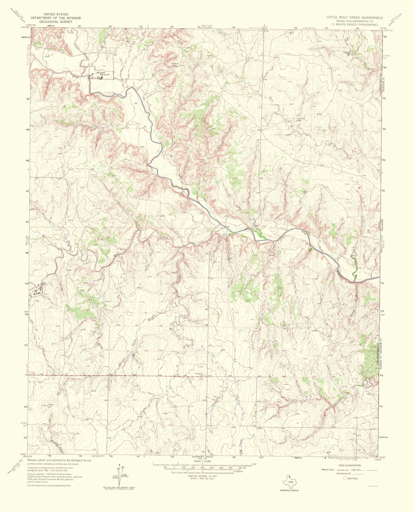 Topographical Map - Little Wolf Creek Texas Quad - USGS 1967 - 23 x 28.45 - Vintage Wall Art