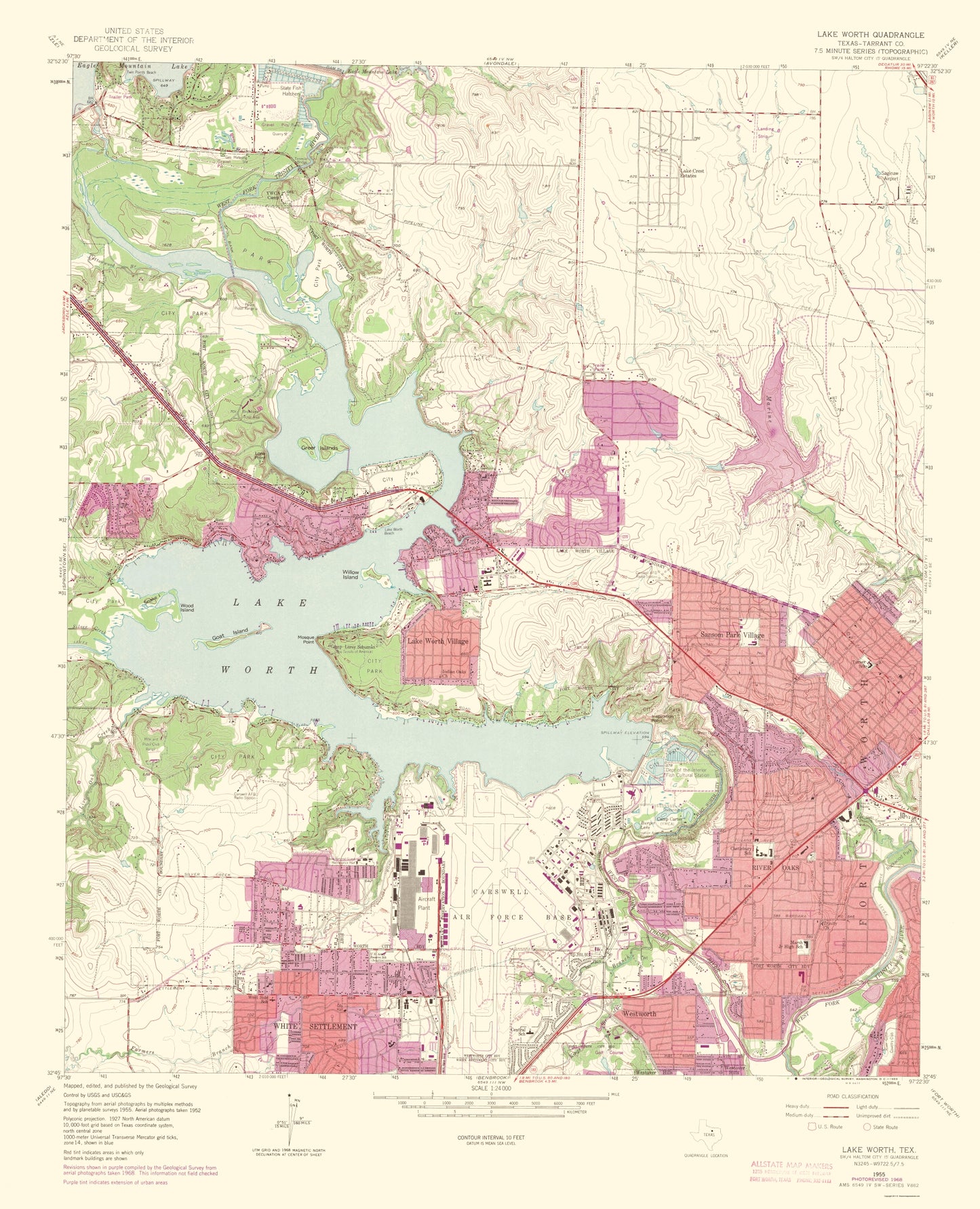 Topographical Map - Lake Worth Texas Quad - USGS 1969 - 23 x 28.38 - Vintage Wall Art