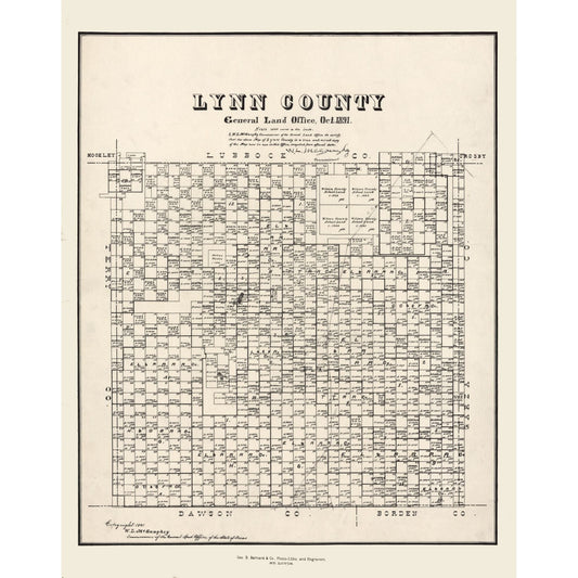 Historic County Map - Lynn County Texas - McGaughey 1891 - Vintage Wall Art