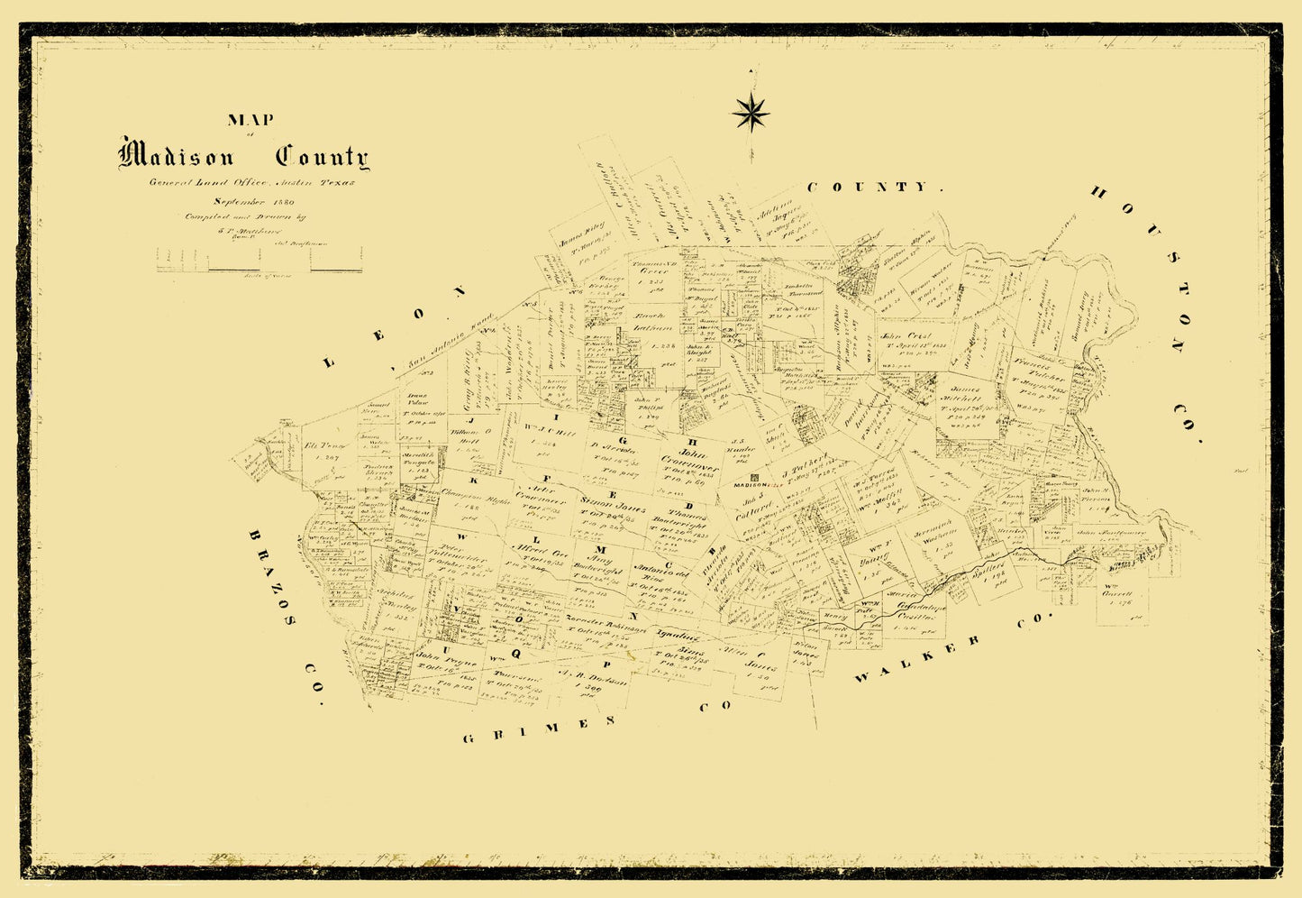 Historic County Map - Madison County Texas - Matthews 1880 - 33.37 x 23 - Vintage Wall Art