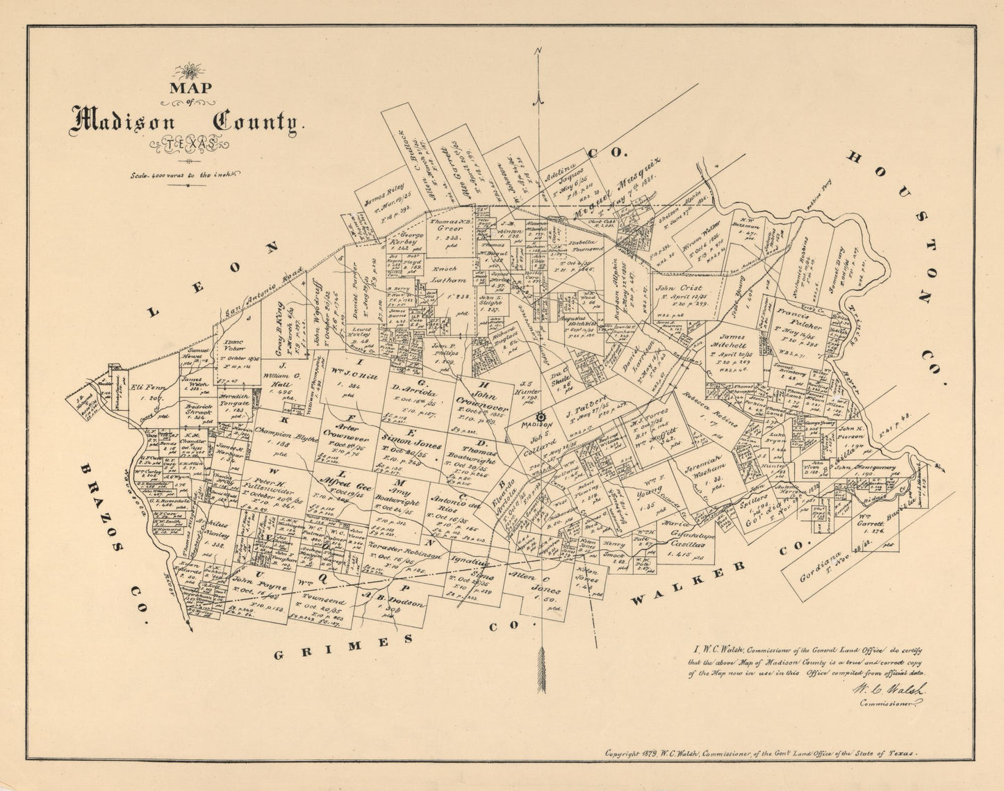 Historic County Map - Madison County Texas - Walsh 1879 - 29.20 x 23 - Vintage Wall Art