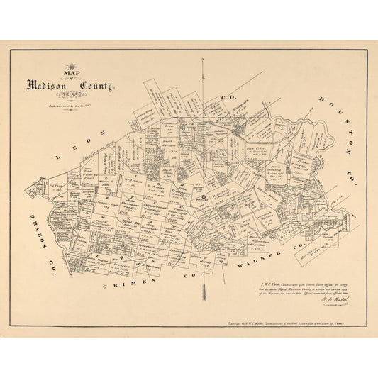 Historic County Map - Madison County Texas - Walsh 1879 - Vintage Wall Art