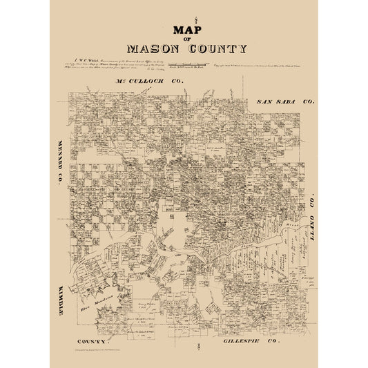 Historic County Map - Mason County Texas - Walsh 1879 - Vintage Wall Art