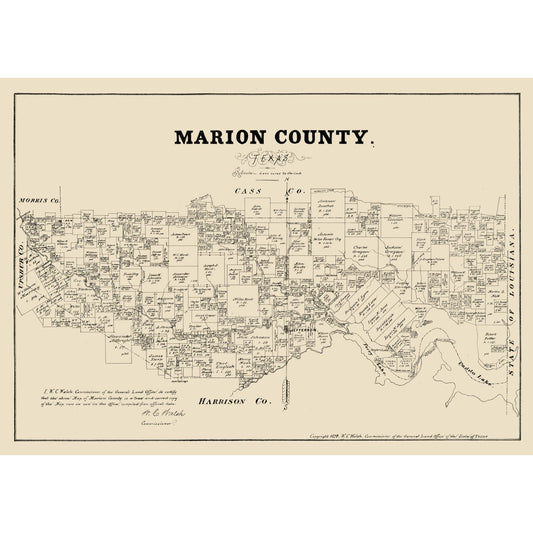 Historic County Map - Marion County Texas - Walsh 1879 - Vintage Wall Art
