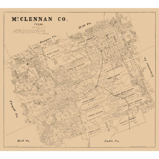 Historic County Map - McLennan County Texas - Walsh 1880 - Vintage Wall Art