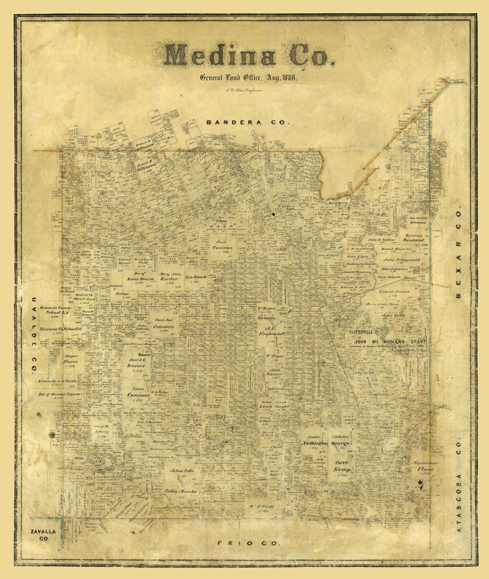 Historic County Map - Medina County Texas - Blau 1880 - 23 x 27.26 - V ...