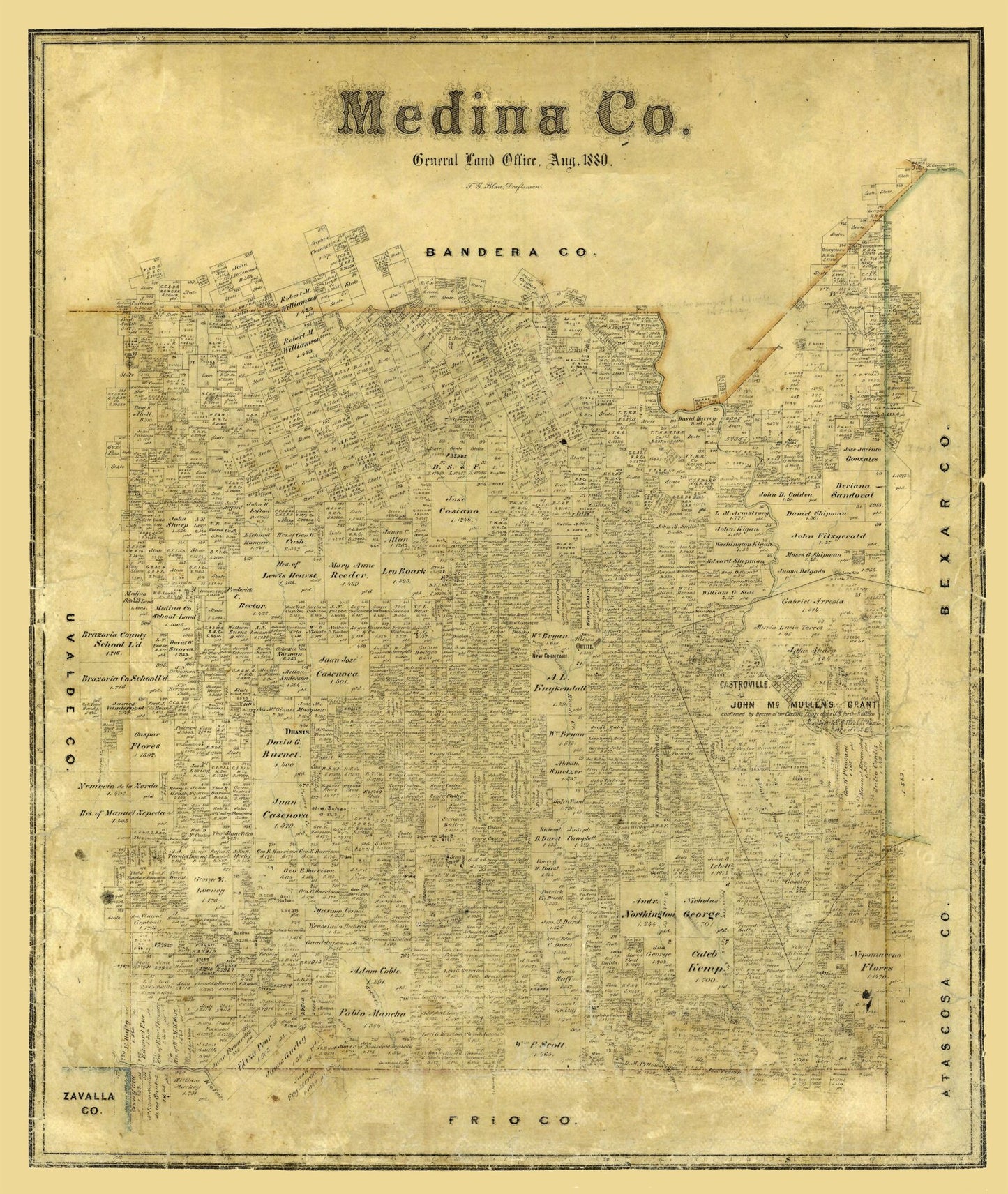 Historic County Map - Medina County Texas - Blau 1880 - 23 x 27.26 - Vintage Wall Art